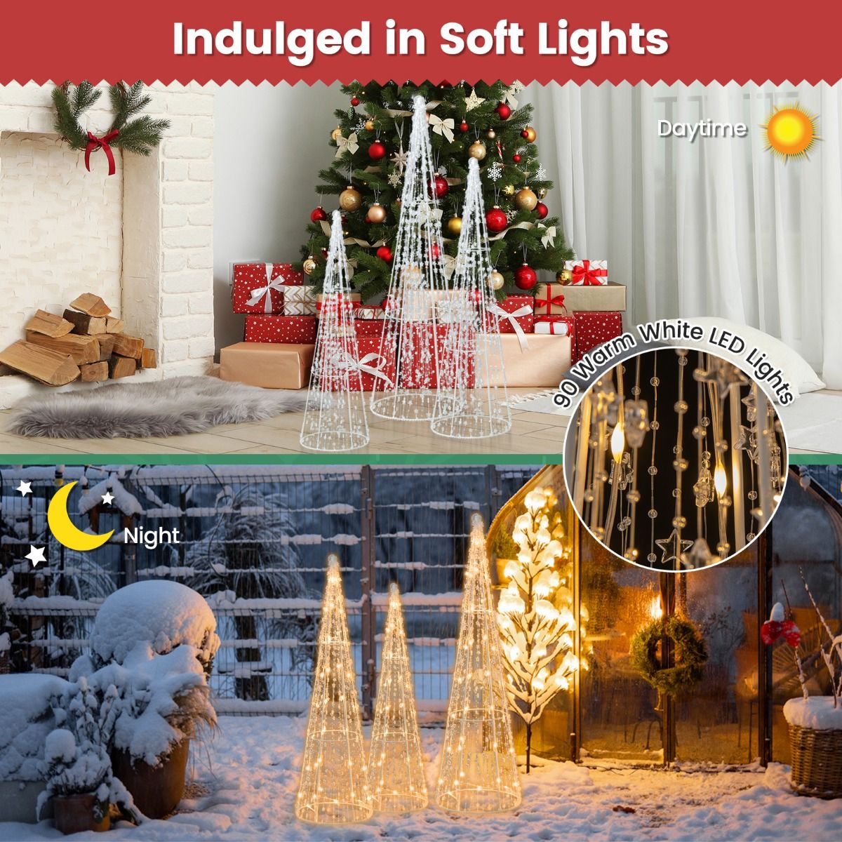 Coast Verlichte Kerstkegelbomen Set van 3 – Warmwit LED – Sterrenslingers – Wit – 81 / 72 / 62 cm – Voor Binnen & Buiten