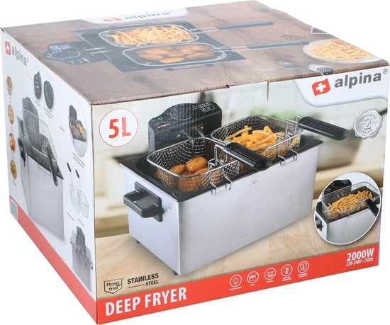 alpina Dubbele Friteuse - Frituurpan 5 Liter - 3 Frituurmanden - 2000W - RVS