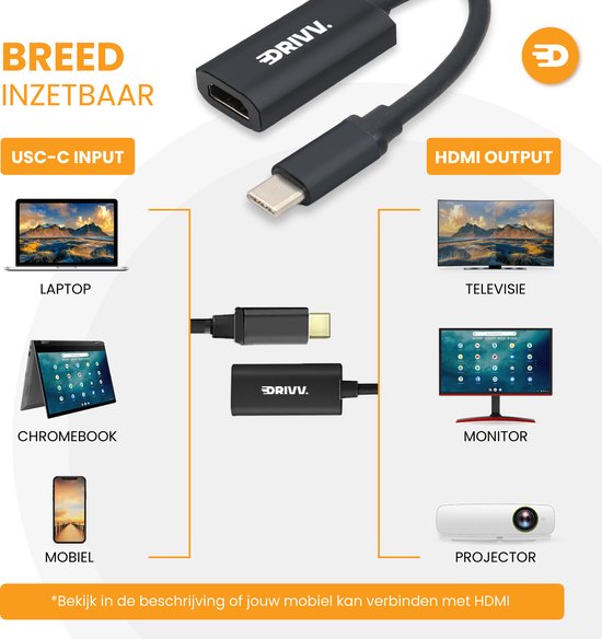 Drivv. USB C naar HDMI Adapter - Ondersteunt 4K 60Hz - Type C to HDMI - Thunderbolt 3 - Zwart