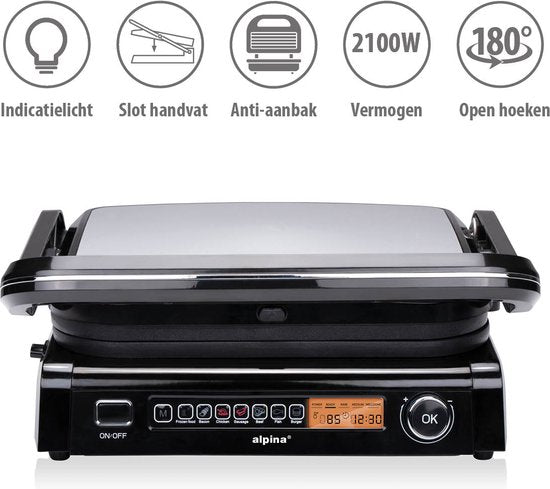 alpina Contactgrill 2100W - Tosti Apparaat met 7 Grill Standen - Tafelgrill met Uitneembare Platen - Panini Grill 37,6 x 33,1 cm - Anti-Aanbaklaag - RVS/Aluminium