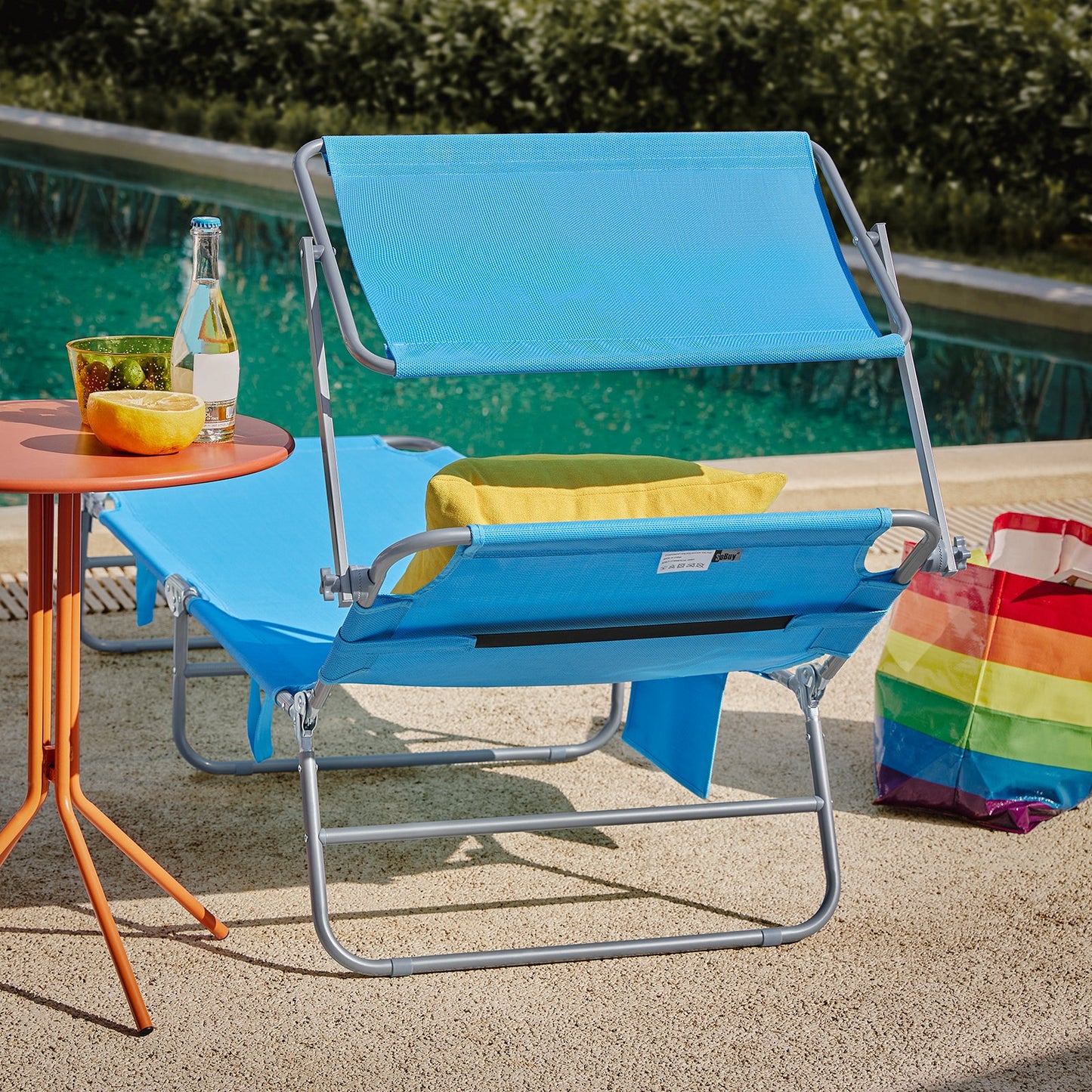 SoBuy Ligbed OGS48-B - Afneembaar Kussen - Verstelbaar Zonnedak - 189 x 28 x 62 cm - Blauw
