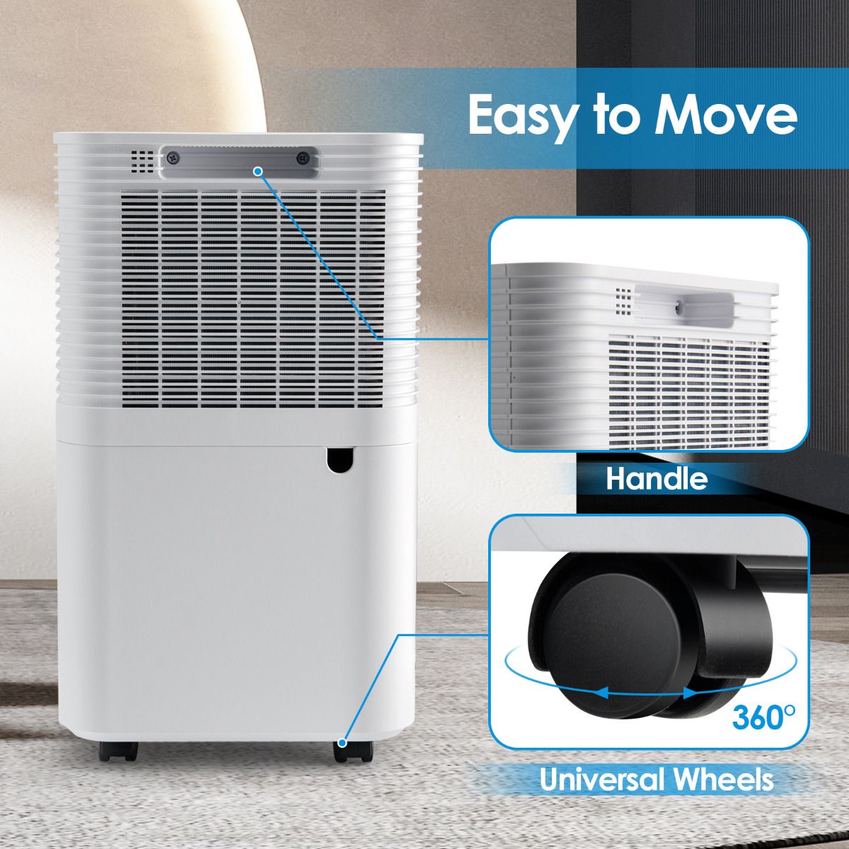 15L Mobiele Ontvochtiger voor 15㎡ – Stil & Efficiënt – 25,5 x 22 x 45 cm – Wit