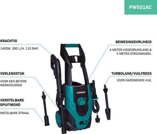 VONROC Hogedrukreiniger V14-1 - 1400W - 110 bar - 390 l/u - Incl. 5m slang, spuitstukken en accessoires
