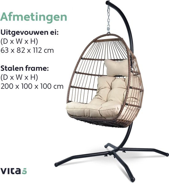 Vita5 Egg Hangstoel – Voor Binnen en Buiten – tot 150kg – Opvouwbaar - Incl. Standaard & Kussen – Cocoon Stoel - Crème Wit