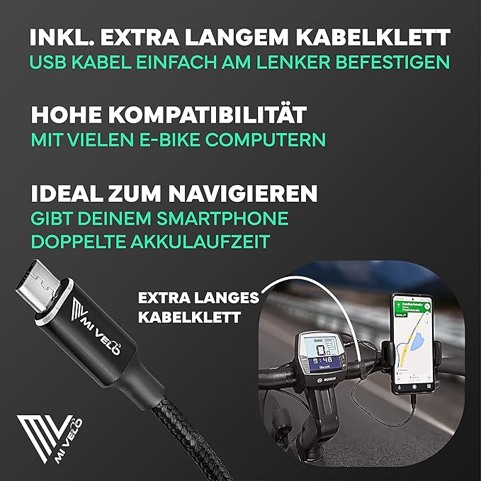 MIVELO E-Bike Displaykabel – Micro-USB naar USB-C – 40 cm – Zwart