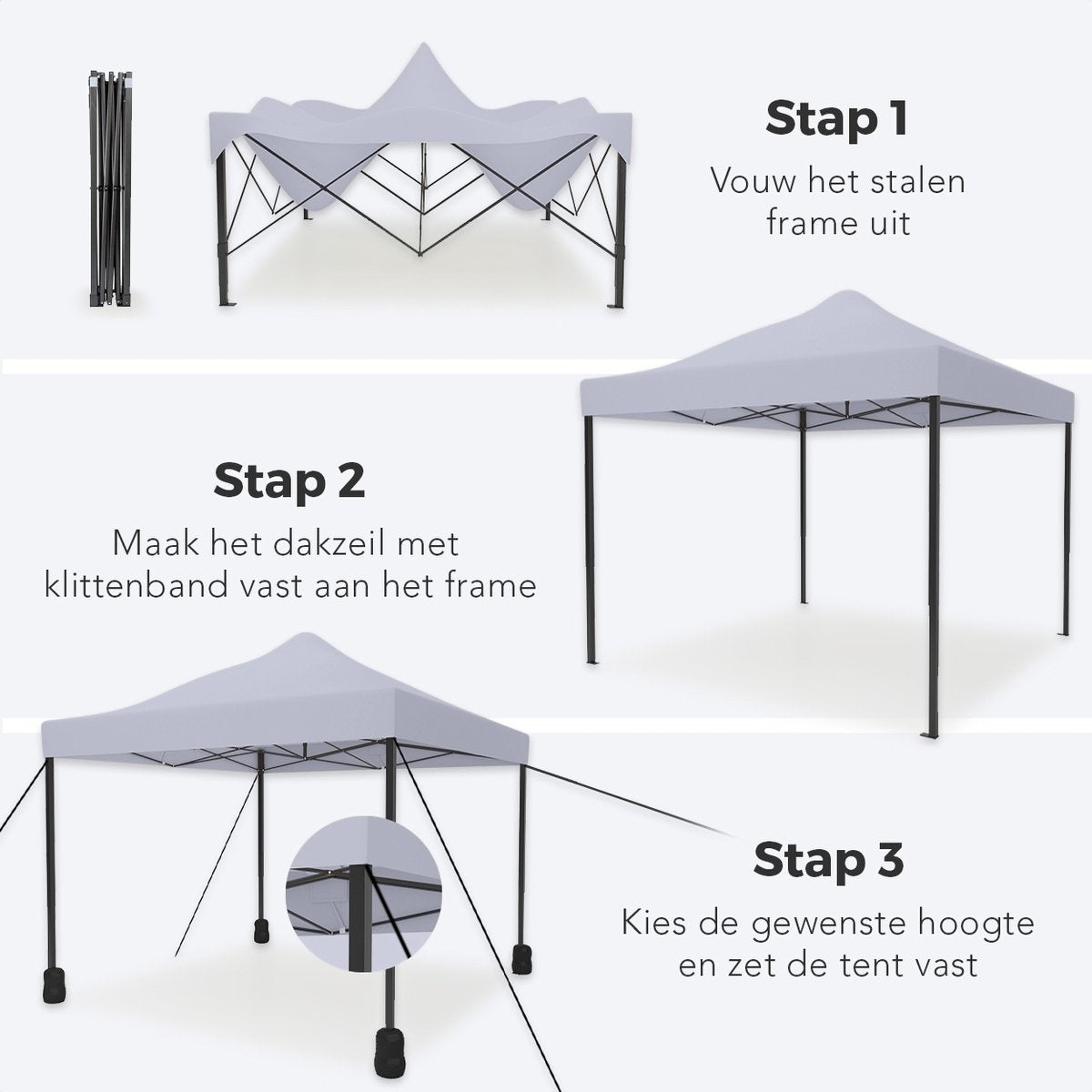 LifeGoods Partytent - Paviljoen - EasyUp - Opvouwbaar - Waterdicht - Met Draagtas met wieltjes - 300 x 300 cm - Donkergrijs