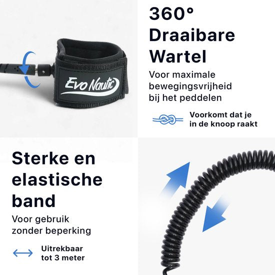 EvoNautic SUP Leash 10ft - Enkelkoord voor SUP - Lengte van 3 meter - Verstelbare enkelband - Geschikt voor alle boards - Gemaakt van sterk en duurzaam materiaal