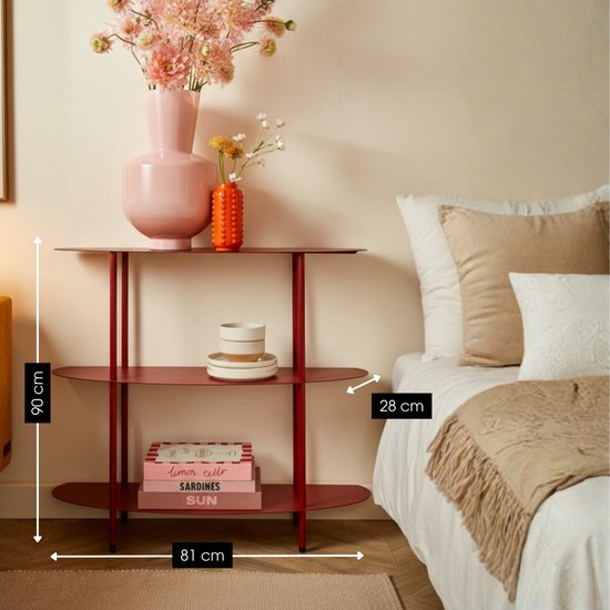Mica Decorations Wandrek – Opbergrek en Metalen Wandrek voor Decoratie Woonkamer – Geschikt voor Planten en Accessoires – Stevig Rek van IJzer – 90 x 28 x 81 cm – Rood