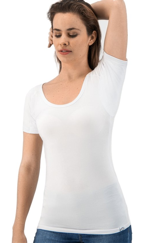 Anti Zweet Shirt - Fibershirts® - Ingenaaide Okselpads - Ondershirt - Wit - Ronde Hals - Dames - Maat S