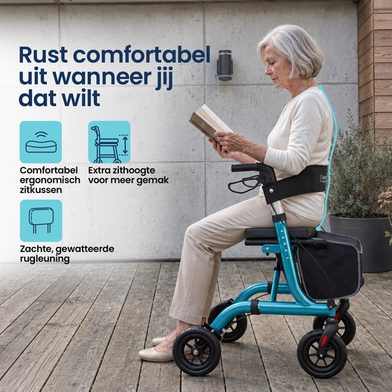 TrueSafe Rollator lichtgewicht en opvouwbaar (6,9 kg) - Voor binnen en buiten - Incl. ergonomisch zitkussen, verlichting, rugleuning, wandelstokhouder en meer - Blauw