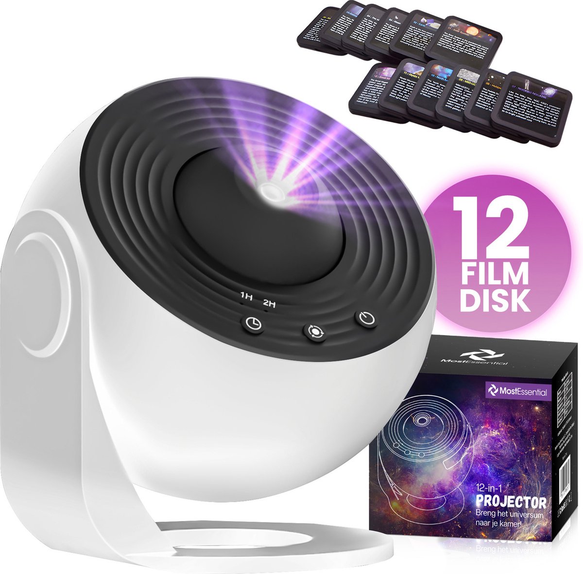 MostEssential Premium 12-in-1 Projectorlamp - 360° - 3000 lm - Zwart + Wit