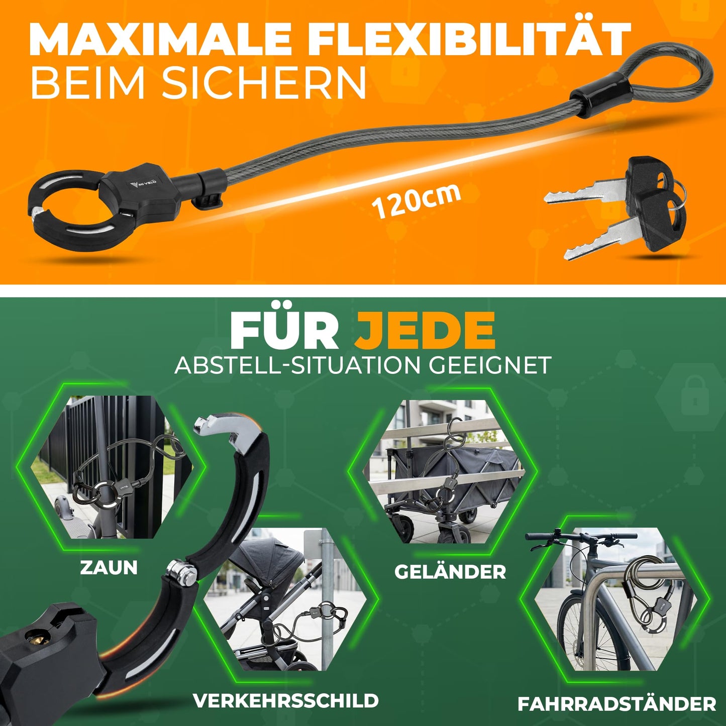 MIVELO e scooter slot - handboei kabelslot 120 cm - met sleutel en houder - stalen kern voor scooter en fiets