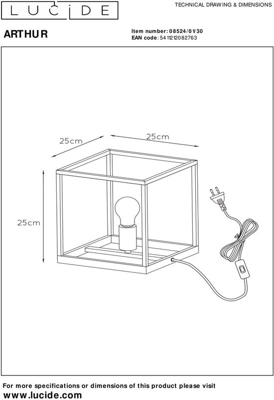 Lucide ARTHUR - Tafellamp - 1xE27 - Zwart