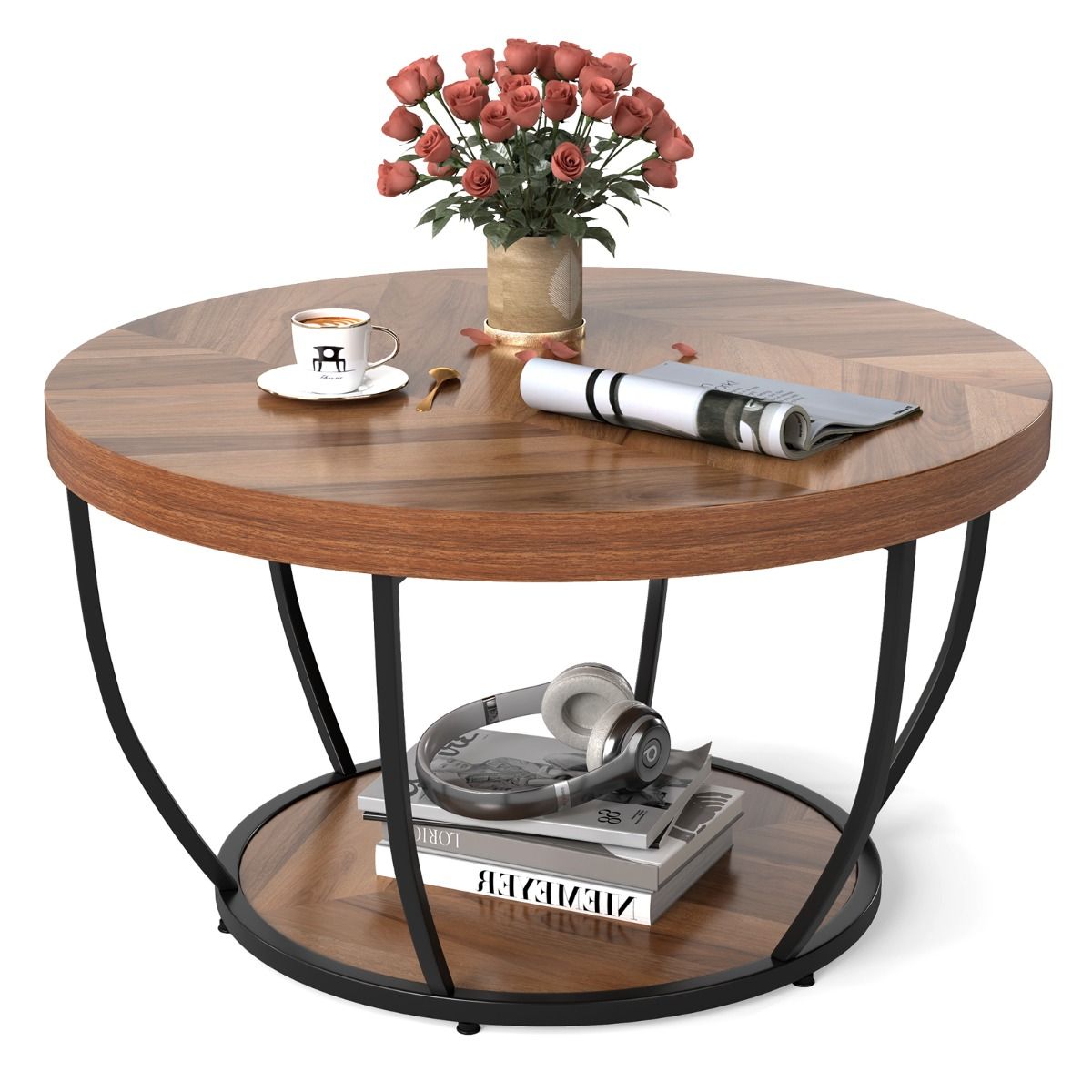 Coast Ronde Salontafel - 2 Lagen - Metalen Frame - Bruin - 80 cm