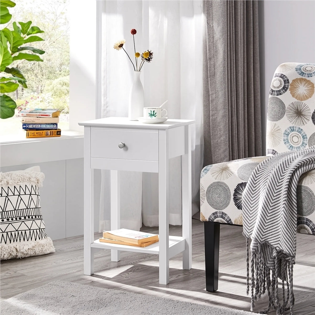 Yaheetech Sfeervol Nachtkastje met Schuiflade en Legplank 40x30x61 cm – Tijdloos Wit – MDF