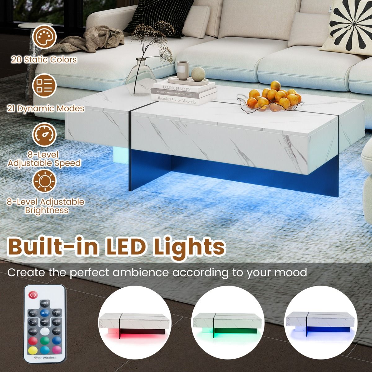 Coast Salontafel met ledverlichting - 3 opberglades - hoogglans - wit - 120 x 70 x 35 cm