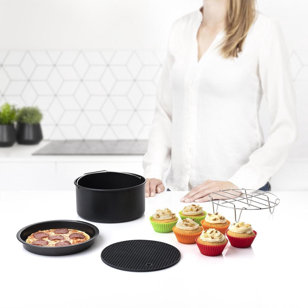 Princess 182012 Airfryer Accessoireset 10-delig - Accessoire voor heteluchtfriteuse - Grillrek - Pizzapan - Muffinset - Bakblik - Siliconen onderzetter