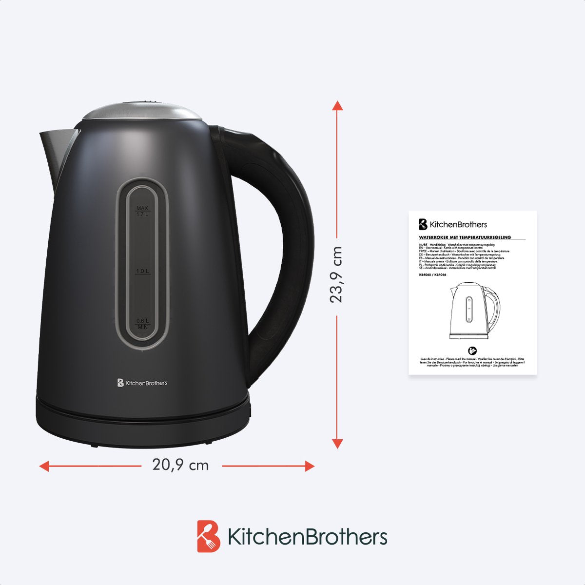 KitchenBrothers Waterkoker - Met Temperatuurregeling - Elektrisch - Met Kalkfilter - 1,7L - Zwart/RVS