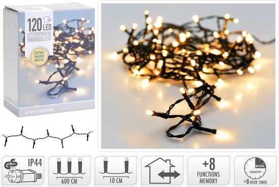 Kerstverlichting 120 led- 9m - extra warm wit - Timer - Lichtfuncties - Geheugen - Buiten -Binnen