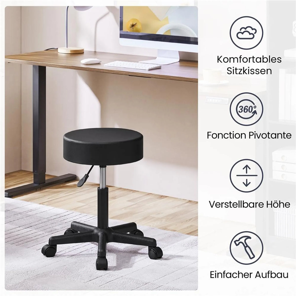 Yaheetech Barkruk In Hoogte Verstelbaar – Voorzien Van 10 cm Dik Zitkussen En 360° Draaifunctie En Stervoet Met Wielen – Voor Kantoor Studio En Keukeneiland – Zwart Kunstleer En Metaal – 50 x 50 x 46 – 61,5 cm