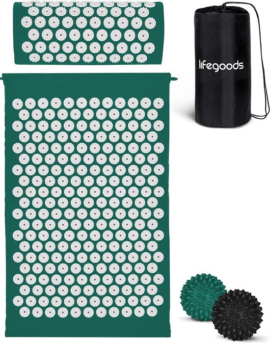 LifeGoods Acupressuurmat – Incl. Kussen & 2 Triggerballen – 66 x 40 x 2 cm – Groen/Wit