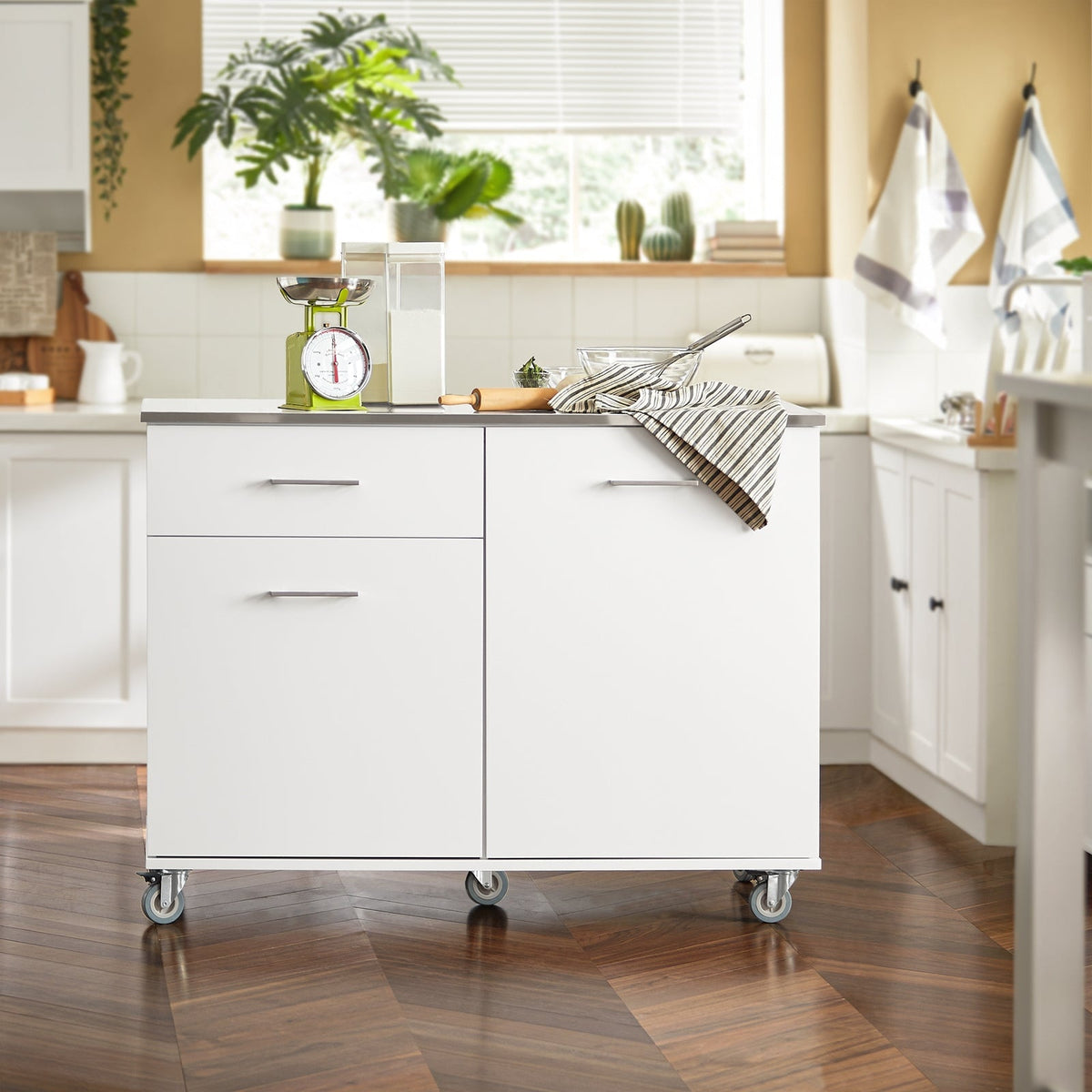 SoBuy Keukenkast op wielen - 2 Kasten en 1 Lade - 120 x 56 x 90 cm - RVS Blad - Wit