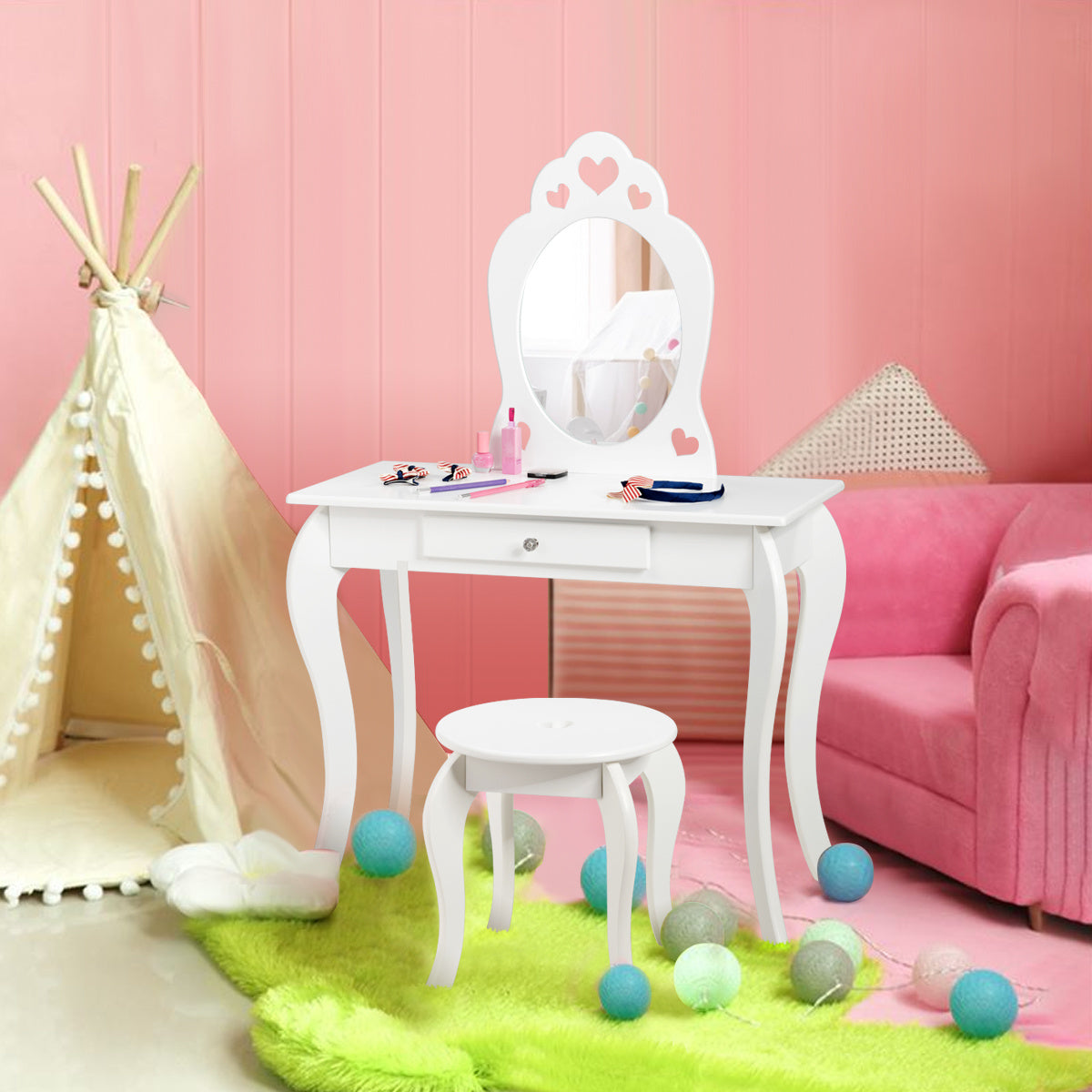 Coast Kinderkaptafel Make-up Tafel Met Krukje En Spiegel - Wit