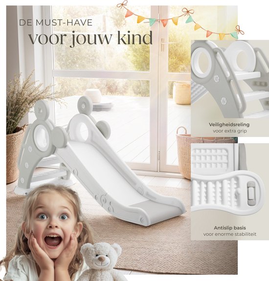 tectake® Kinderglijbaan - Glijbaan Peuter - Vanaf 2 jaar - Met basketbalring - Opvouwbaar - 128 x 66,5 x 67,5 cm - Voor binnen en buiten - Grijs