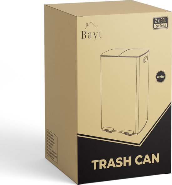 Bayt Prullenbak - Prullenbak 60 Liter (2x30) - Vuilnisbak 60 Liter - Pedaalemmer 60 Liter - Prullenbak Afvalscheiding - Prullenbak 2 Vakken - Afvalbak - RVS - Wit