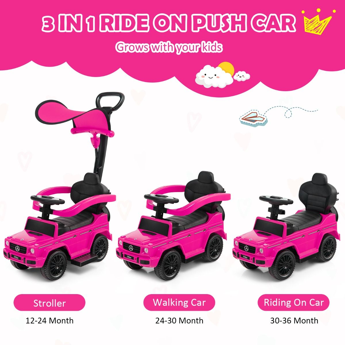 Coast Mercedes Benz loopauto voor kinderen - 3-in-1 kinderwagen en rollator - verstelbare zonnekap - roze