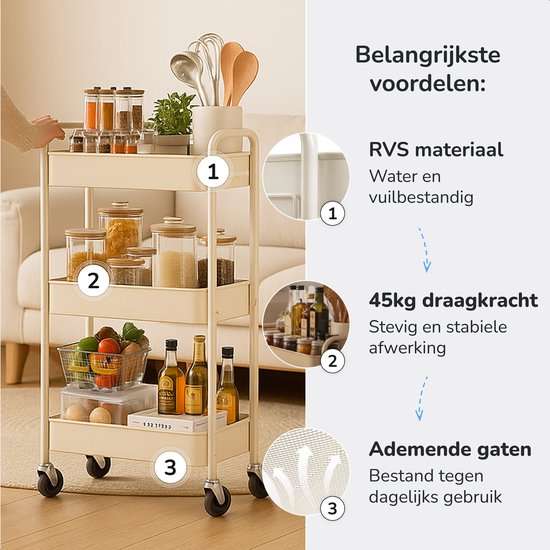 Keuken trolley op Wieltjes - 3 laags - Keukenrek - Serveerwagen - Kastje - Karretje - Opberg - Douche kastjes staand - Rekje - Beige - Luft