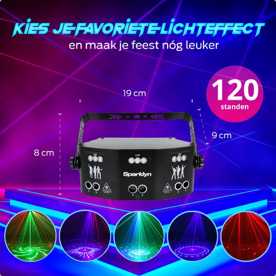 Sparklyn Professionele Disco Laser met 15 Eyes - 120 lichtcombinaties - Afstandsbediening - DMX Bestuurbaar - Discolamp - Zwart