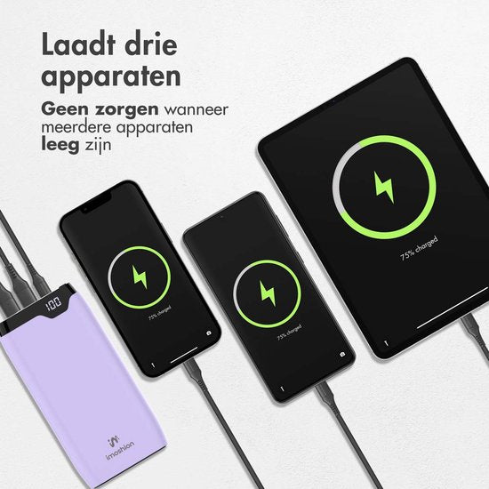 imoshion Powerbank 20000 mAh - Snellader 22.5W - LED indicator - USB C & USB A - Geschikt voor o.a. iPhone en Samsung - Universeel - Lila