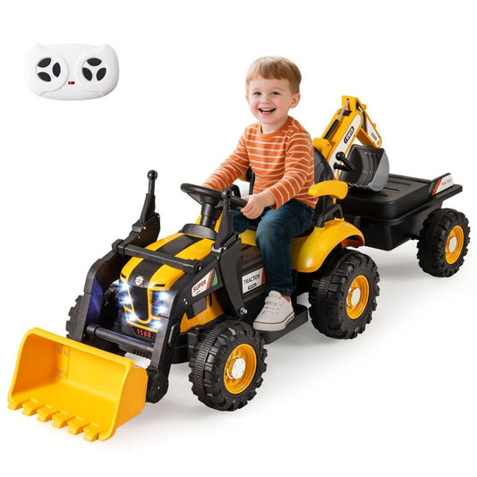Coast Elektrische Kindertrekker met Aanhanger - Graafmachine en Schep - Afstandsbediening - Geel