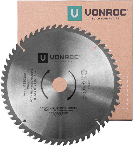 VONROC Zaagblad – Ø254MM – 60 tanden – voor hout – geschikt voor afkortzagen & tafelzagen