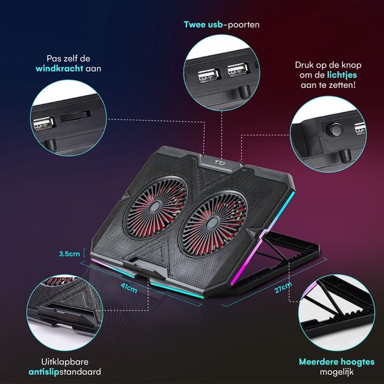 TTD® Laptop Cooler – Verstelbare Laptopstandaard – Gaming Cooling Pad tot 17” – Extra USB-poort – Zwart