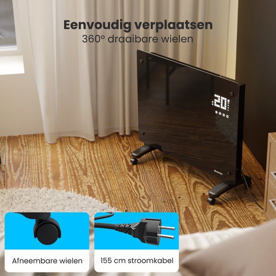 Auronic Elektrische Kachel – Convectorkachel met Thermostaat en Afstandsbediening - Glazen Paneelverwarming - 1500W Heater - Zwart