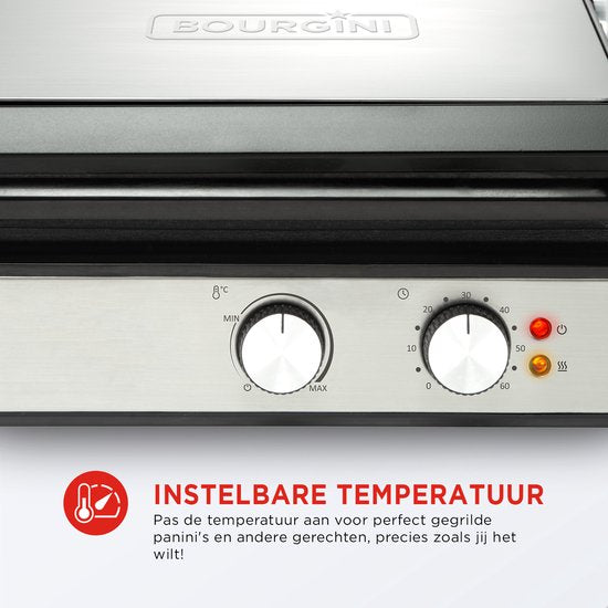 Bourgini Contact Grill PURE – PFAS-vrije 2-in-1 Sandwich- & Panini-Grill – Instelbare Temperatuur & Timer – Verwijderbare Grillplaten – Zilver