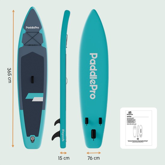 LifeGoods SUP Board Touring - 165 KG Draagkracht - 365 x 76 cm - Opblaasbaar - met Zitje - Compleet Sup pakket - Turquoise