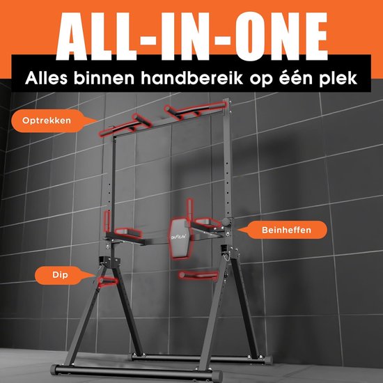 DH FitLife Opvouwbare Power Tower Dip Station tot 210 kg | Vrijstaande Optrekstang met Dipbars en Rugtrainer | Krachtstation Krachttoren