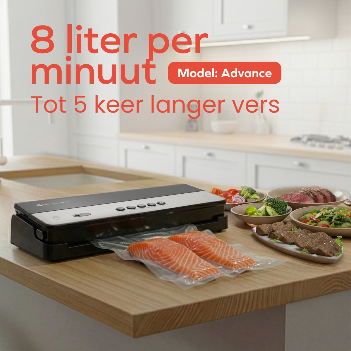 KitchenBrothers vacumeermachine advance - 8L/min - 4 standen - 28x600cm rol - zwart - compact 39x18x7,5 cm