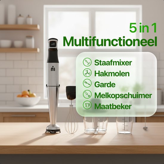 MATTI® - Staafmixer Set 5in1 - Elektrische Staafmixer - Hakmolen - Blender - Melkopschuimer - 1500W
