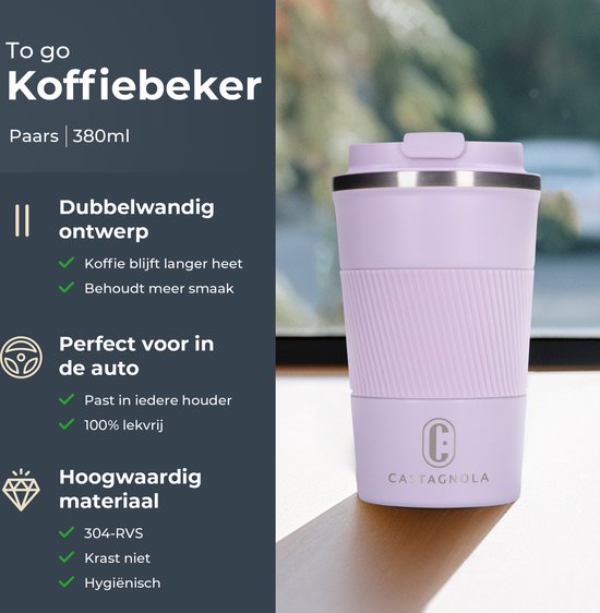 Castagnola Thermosbeker - Koffiebeker To Go - Travel Mug voor Koffie en Thee - Theebeker - 380 ML - RVS - Lichtpaars