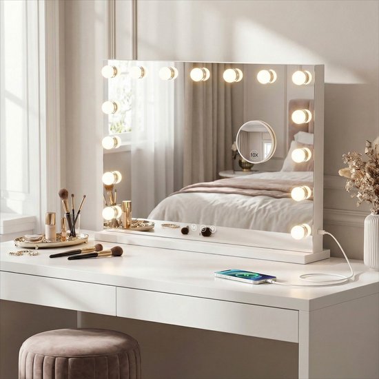 Bayt Hollywood Spiegel met verlichting - Make Up Spiegel met Verlichting - Spiegel Met Verlichting - Dimbaar - 10x Vergroting - 58x46cm - Wit