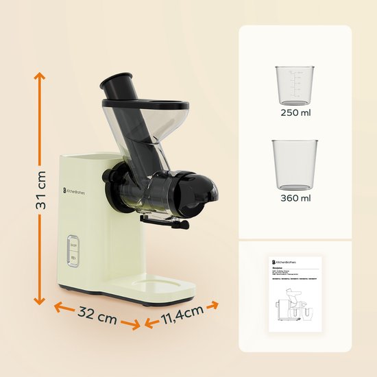 KitchenBrothers Slowjuicer - Mini Juicer - Groenten en Fruitpers - 40 mm en 50 mm invoer - 400 ml - Campagne