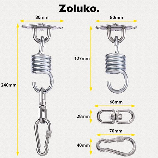 Zoluko RVS Ophangsysteem - 300 KG Draagkracht - 360° vrij draaibaar - Geluiddempende Veer - Bokszak Ophangsysteem - Plafondbeugel - Plafondhaak - Ophanghaak - Schroefhaak - Chroom
