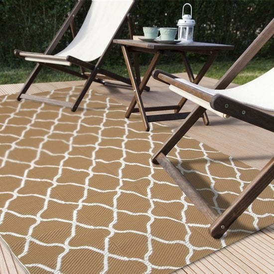 LifeGoods Buitenkleed - 120x180CM - Vloerkleed - Tuintapijt - Omkeerbaar - Incl. Draagtas - Met Patroon - Beige/Wit