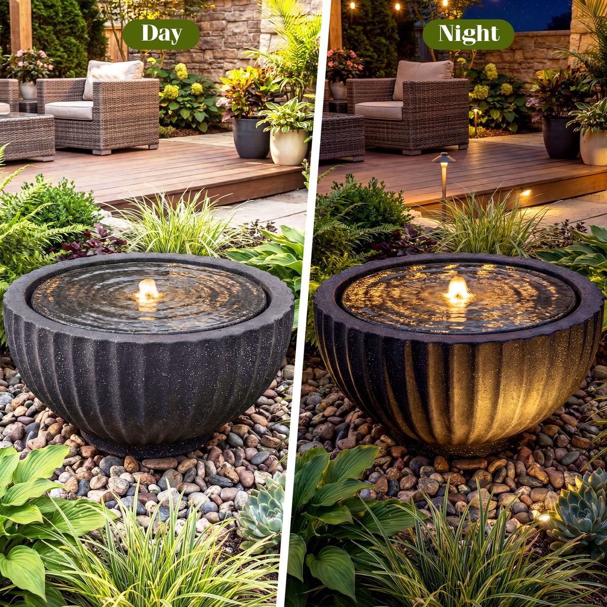 Coast Ronde Tuinfontein - met LED-verlichting - steenlook - 45 x 45 x 23,5 cm - zwart