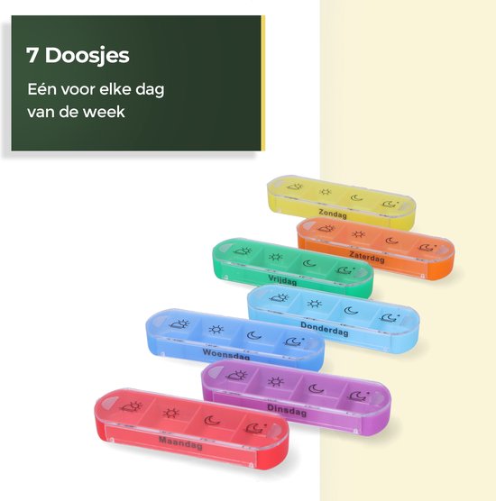Gandria Pillendoos 7 Dagen - Uitneembaar Pillendoosje - Stapelbare Medicijndoos met 28 Compartimenten - Medicijndoos met Stevige Sluiting - 4 Vakken per Dag - 7 Kleuren