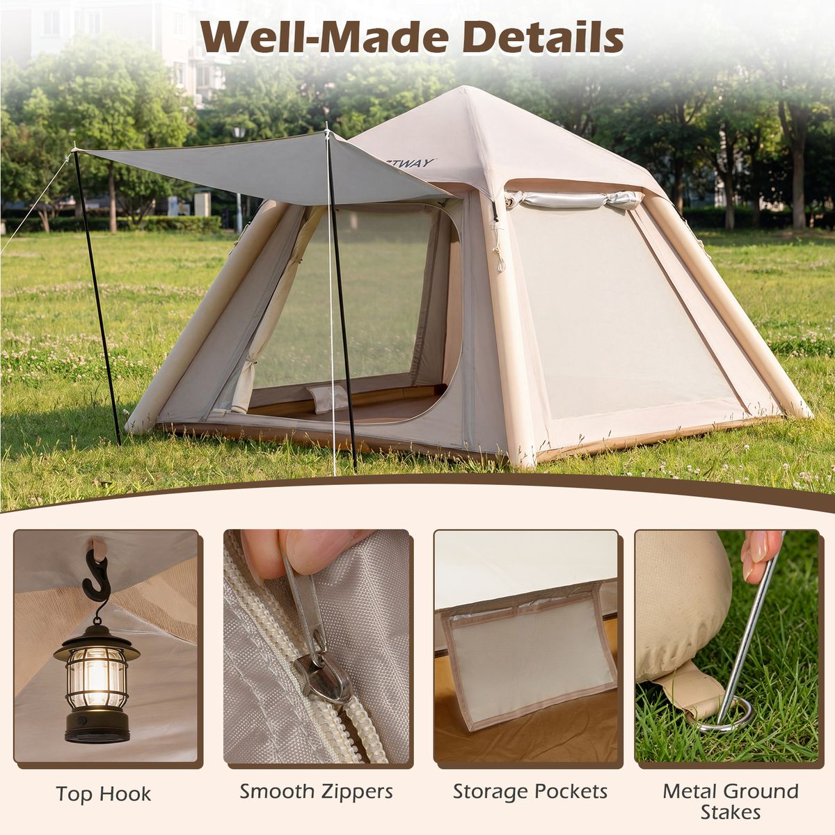 Coast Opblaasbare Koepeltent - Snel op te zetten - Met afneembare luifel - Khaki 230 x 230 x 163 cm